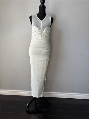 Away White Sheer-Panel V-Neck Ruched Maxi Dress